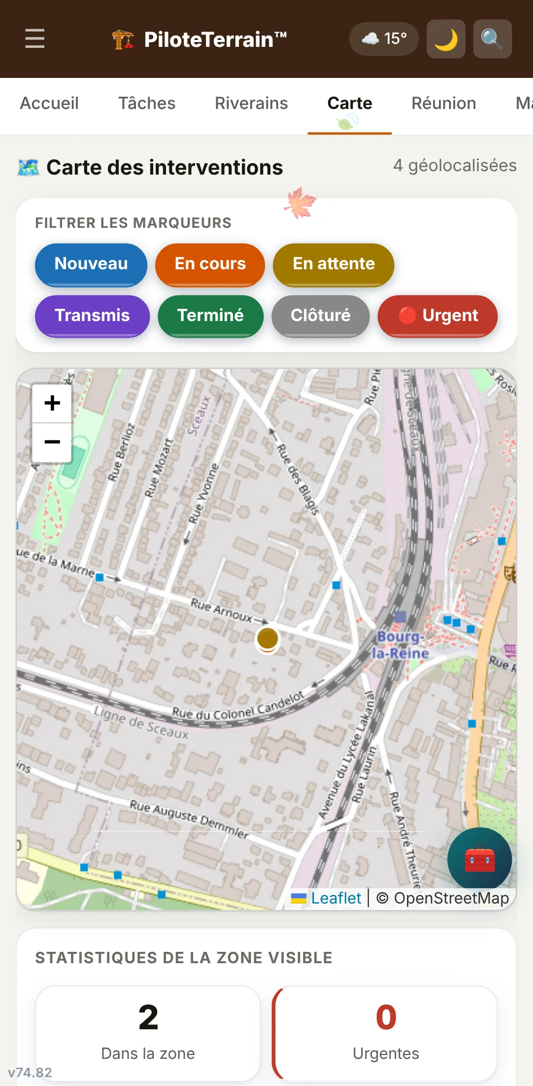 Écran Carte : les interventions géolocalisées sur le plan de la commune, filtrables par état, avec les statistiques de la zone visible.